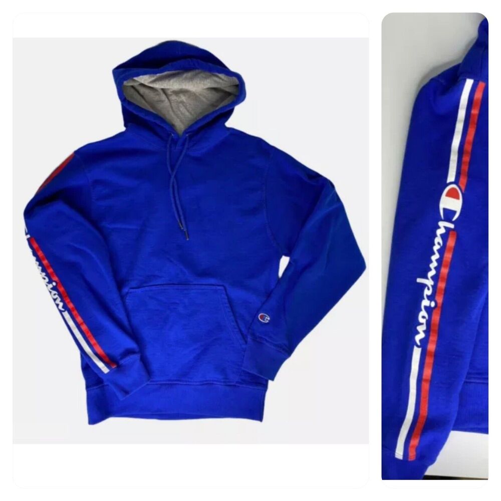 Champion Hoodie Size S Royal Blue Arm Spellout Sweatshirt Pullover Mens Womens